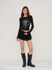 Boat Neck Star Graphic Long Sleeve Tee