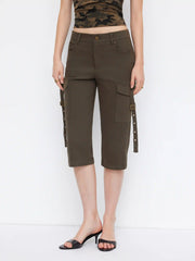 Stretch Cotton-blend Low Rise Cargo Pocket Capri Shorts