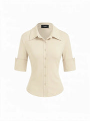Collar Mid-length Sleeve Button Top