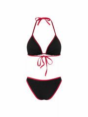 Cotton-Blend Halter Neck Contrasting Binding Triangle Cheeky Bikini Set