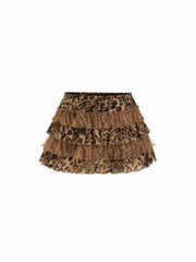 Chiffon Low Rise Leopard Ruffle Layered Mini Skirt
