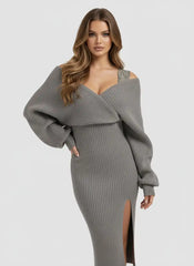 Knit Off-Shoulder Wrap Lace Split Midi Dress
