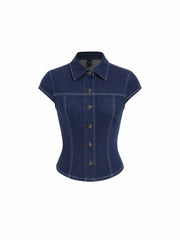 Stretch Denim Washed Short Sleeve Metal Detail Shirt
