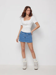 High Stretch Cowl Neck Ruched Short Sleeve Top