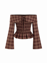Plaid Off-Shoulder Bell Sleeve Bowknot Shirred Crop Blouse