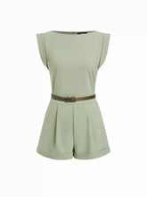 Boat Neck Pleated Metal Detail Mid Rise Romper With Belt