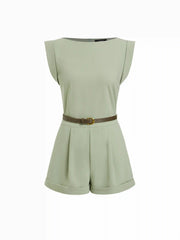 Boat Neck Pleated Metal Detail Mid Rise Romper With Belt