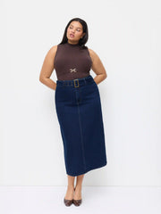 Stretch Denim Mid Rise Split Back Maxi Skirt With Belt Curve & Plus