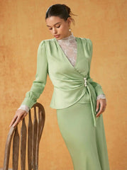 Satin V-neck Draped Pearl Button Top & Mid Rise Mermaid Maxi Skirt Set