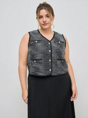 Tweed V-neck Solid Button Pocket Jacket Vest Curve & Plus