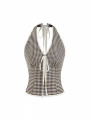Gingham Halter Neck Lace Trim Bowknot Slim Crop Top