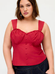 Linen-blend Sweetheart Neck Ruffled Shirred Tank Blouse Curve & Plus