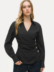 V-neck Striped Metal Button Wrap Blouse
