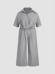Cotton-blend Collar Striped Knotted Roll-up Sleeve Jumpsuit Curve & Plus