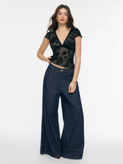 Textured Floral V-neck Lace Panel Crop Top
