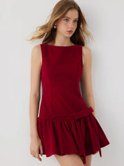 Velvet Boat Neck Ruffled & Bowknot Mini Dress