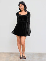 Velvet Square Neck Solid Lace Up Bell Sleeve Mini Dress