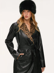 Faux Leather Leopard Faux Fur Trim Double Breasted Coat With Belt