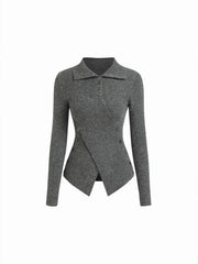 Knit Stand Collar Long Sleeve Wrap Split Button Top
