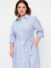 Cotton-blend Striped Short Sleeve Draped Belted Shirt Midi Dress Curve & Plus