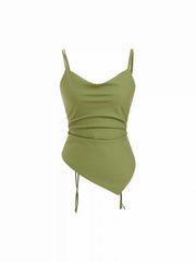 Linen-blend Square Neck Ruched Asymmetrical Braided Cami Blouse