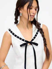 Cotton Broderie Anglaise Contrast Bowknot Flared Mini Dress