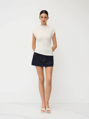 High Neck Texture Asymmetrical Hem Top
