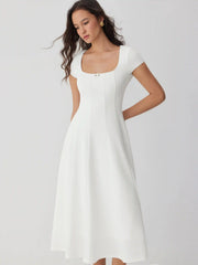 Scoop Neck Short Sleeve Rosette Flared Maxi Dress