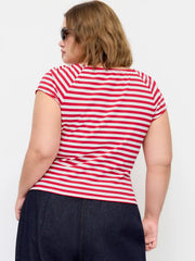 Cotton-blend V-neck Stripe Twist Short Sleeve Tee Curve & Plus