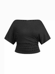 Polka Dot Boat Neck Tie Back Batwing Sleeve Top Curve & Plus