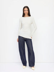 Cotton-blend Striped Boat Neck Long Sleeve Ruched Asymmetrical Hem Top