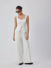 Linen-blend Lace Panel Mid Rise Wide Leg Jumpsuit