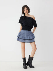 Cotton Mid Rise Lace Panel Gingham Tiered Mini Skirt