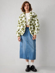 Zip Front Floral Sherpa Fleece Jacket