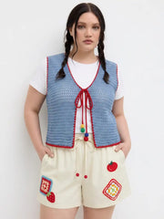Knit Crochet V-Neck Colorblock Tie Front Bow Oversized Vest Curve & Plus