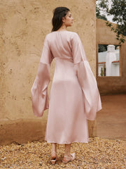 Satin V-neck Bell Sleeve Drawstring Flared Maxi Dress