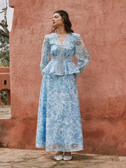 High Rise Floral Lace Panel Flared Maxi Skirt