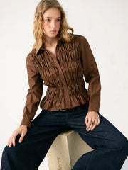 Cotton-blend Collar Shirred Ruffled Hem Blouse