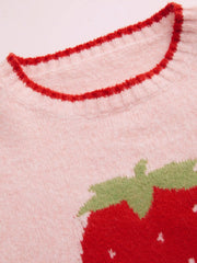 Knit Strawberry Contrasting Binding Round Neck Oversized Sweater