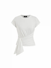 Cotton-blend Round Neck Ruched Short Sleeve Top