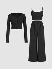 U-neckline Button Solid Cardigan & Crop Tank Top & Elastic Waist Trousers Matching Set