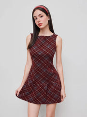 Wool-look Boat Neck Plaid Ruffle Hem Mini Dress