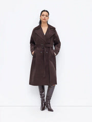 Corduroy Notched Collar Double Breasted Trench Coat With Belt