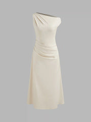 Asymmetrical Neck Solid Ruched Maxi Dress