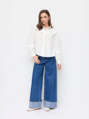 Cotton-blend Stand Collar Puff Sleeve Ruffle Oversized Blouse