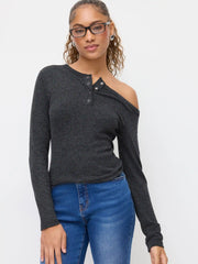 Asymmetrical Neck Long Sleeve Button Tee