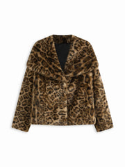 Faux Fur Leopard Print Collar Metal Button Jacket