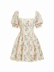 Floral Square Neck Puff Sleeve Shirred Babydoll Mini Dress