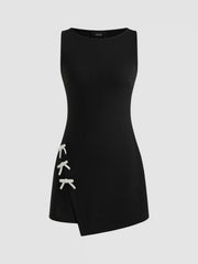 Boat Neckline Solid Bowknot Wrap Mini Dress