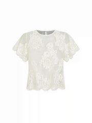Lace Round Neck Ruffle Sleeve Short Sleeve Sheer Top